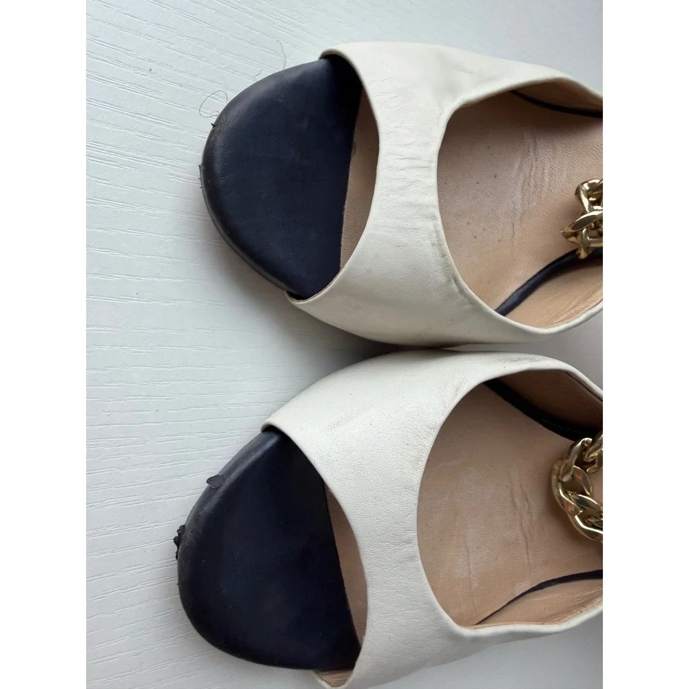 GUESS Marciano Chain Heels Leather Peep Toe Pumps Y2K Size 37.5 US 7.5